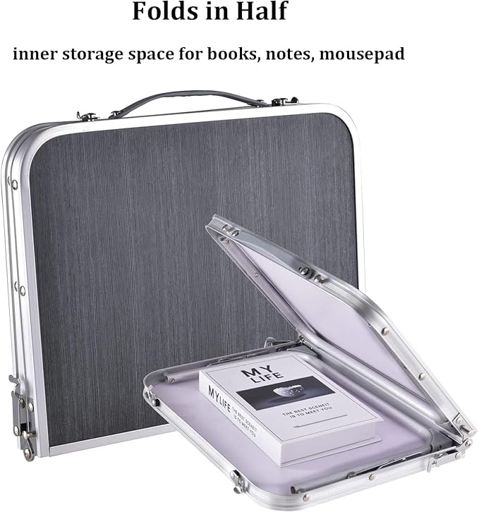 Foldable Laptop Desk, Portable Bed Table with Hidden Storage, Gray | 23.6 x 15.3 in Work Surface, Hidden Storage, Aluminum Frame, Anti-Slip Feet, Carry Handle, Safety Locks
