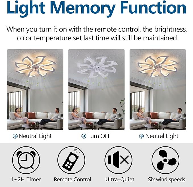 Modern Ceiling Fan with Lights Remote Control, 32" White Flush Mount Ceiling Fan with Light, 6 Speeds 3 Light Color Low Profile Ceiling Fan for Kitchen Bedroom