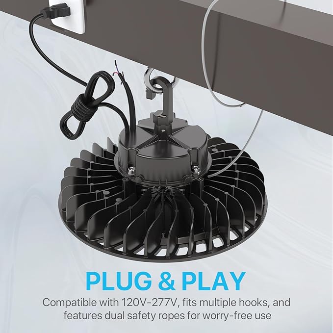 HYPERLITE 4Pack LED UFO High Bay Lights 250W 36,250lm 1-10V Dimmable 5000K 5' Cable with 110V Plug Hanging Hook Safe Rope UL Listed for Shopping Mall Stadium Exhibition Hall