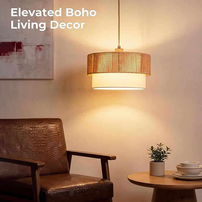 Qingmiao Boho Plug in Pendant Light, Handwoven Shade, 3 Way Bulb, 14ft Cord | Rattan Hanging Lamp Plug in, Dimmable Hanging Light Fixture for Living Room Bedroom Kitchen Ceiling Farmhouse Home Decor