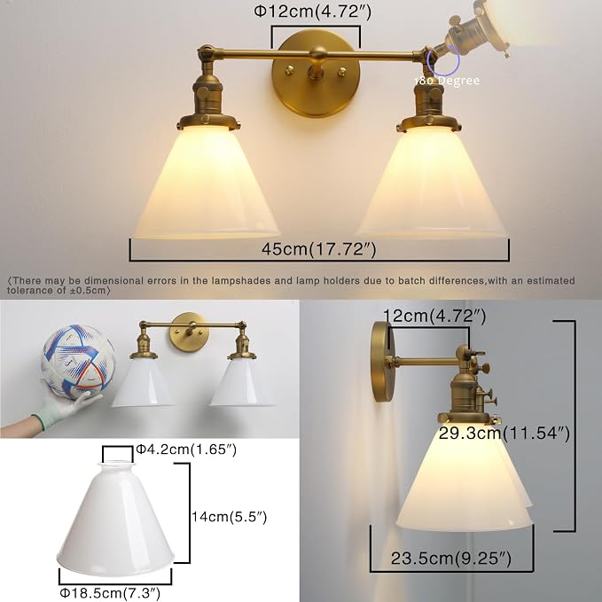 Double Sconce Vintage Industrial Gold 2-Lights Wall Sconces with Funnel Flared Glass Milk Glass Shade Antique Scocne for Bathroom Living Room Home Office