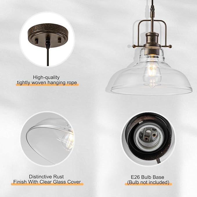 WILON Clear Glass Modern Pendant Light for Kitchen, Rust | 11'' Clear Glass Shade, Adjustable Height, E26 Ceramic Socket, 60W MAX, Farmhouse Style for Dining Room Kitchen Over Sink