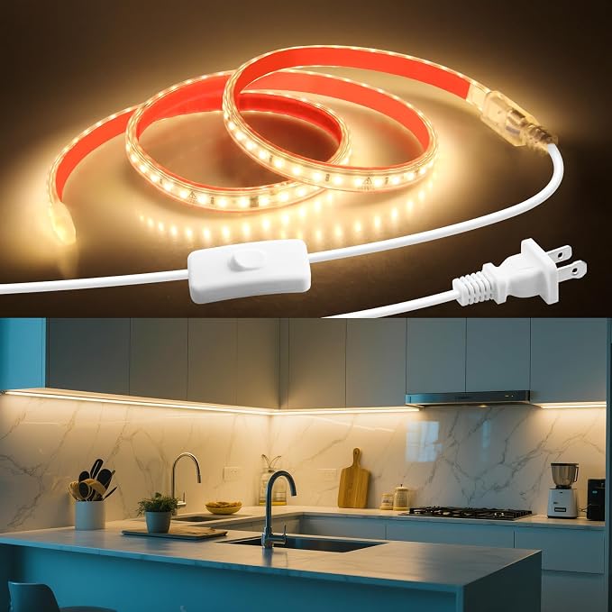 Under Cabinet Lighting Strip 36in AC 110V LED Wired Lights Warm White 3000K Plug in with Switch Outdoor Waterproof LED Strip light Self-Adhsive Ultra Bright 120LED/M for Workbench Closet Shelf