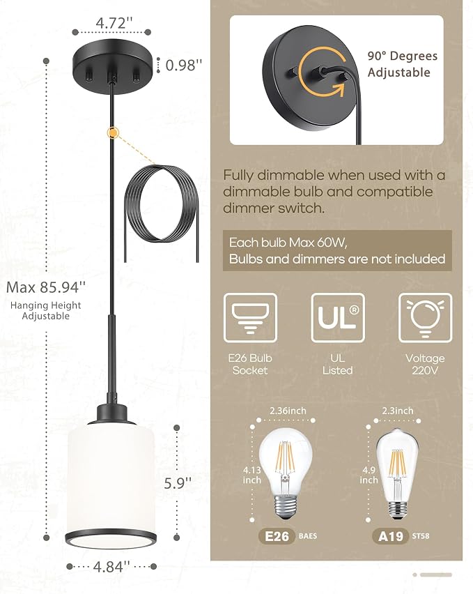 Beionxii 3 Pack Pendant Light Fixtures, Black Pendant Lights Kitchen Island | Farmhouse Pendant Lighting, Modern Hanging Pendant Light for Bathroom Kitchen Island Dining Room Bedroom Entryway,BX-PL02MB-3