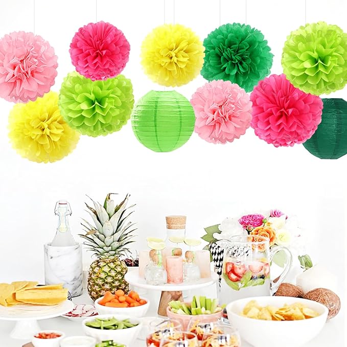 Hawaiian-Summer Pool Party-Decorations Paper-Flowers Lanterns - 15pcs Luau Tropical Beach Tissue Pom Poms Streamers,Birthday Bachelorette Wedding Baby Shower Graduation Hanging Supplies Decor Hugfond