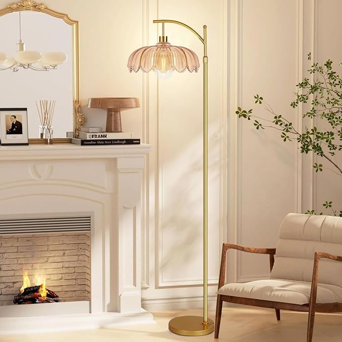 ILLMTW Gold Floor Lamp for Living Room,Bedroom,Mid Century Modern Standing Lamp with Remote,Dimmable Brass Tall Lamp Amber Glass Vintage Retro Arc Floor Lamps Flower Floor Light Boho Bohemian