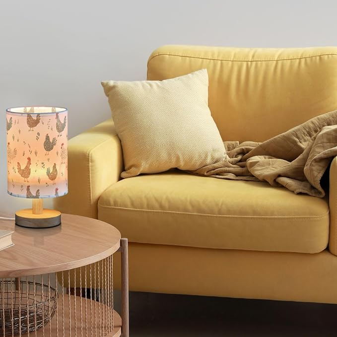 Cute&Simple Deigned Chicken Hen Bedside Table Lamps with USB Port for Bedroom Lamp Accent Table Lamp Small Nightstand Lamp Sturdy Linen Shade Wooden Base Decorative Lamps for Kids|Reading|Dorm|Home