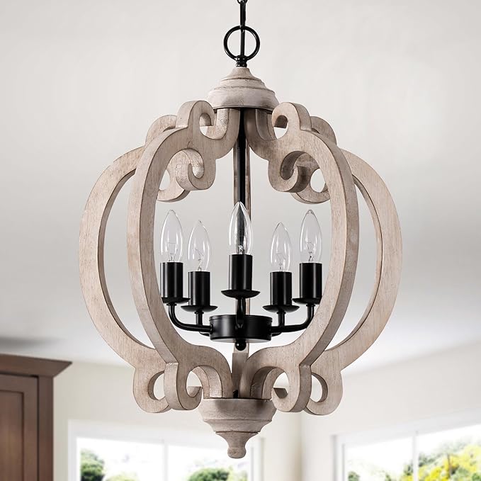 5-Light White Farmhouse Wood Chandelier, Rustic Dining Room Light Fixture with Adjustable Chain, Easy Assembly for Kitchen Island, Bedroom, Entryway, Living Room