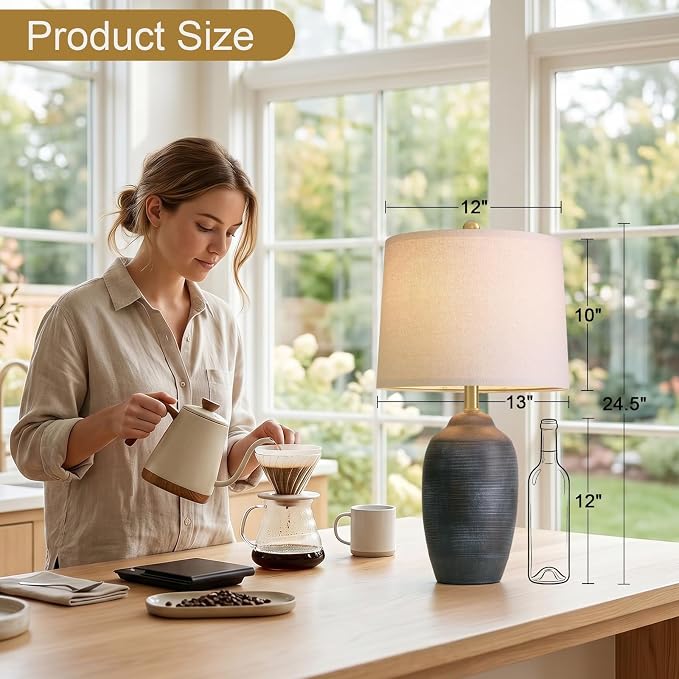 24.5" Vintage Ceramic Table Lamp for Living Room Black Single | Farmhouse Small Nightstand Lamps for Bedroom, Rustic Stone-Textured Ceramic, Home Decor for Bedside, Side End Table, Buffet