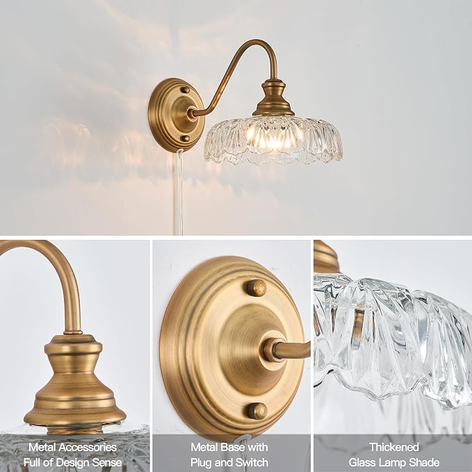HDDFL Vintage Plug in Wall Scone Bedside Wall Lamp Plug Corded Matte Brass Bedroom Light Fixtures in Door Lighting Fixture for Living Room Hallway Corridor