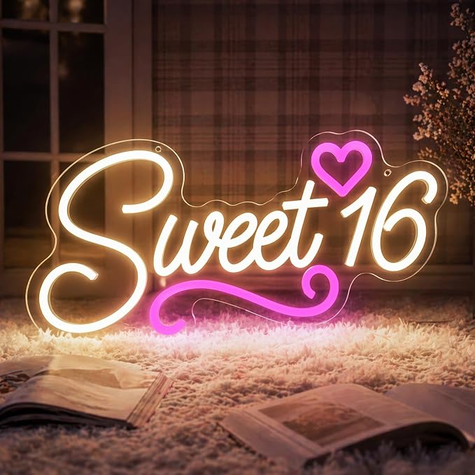 Sweet 16 Neon Sign, LED 16th Birthday Party Decor Light 16.1"X8.6" | USB Powered with Dimmer Switch Sixteen 16th Birthday Party Decorations for Girls Light Up for Wall Decor Room Decor Aesthetic