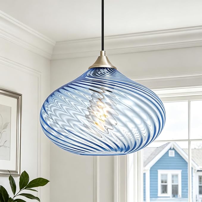 11in Brushed Nickel Pendant Lights Kitchen Island with Blue Glass Shade 1PC | Handcrafted Glass Pendant Light Fixtures, UL Certified, E26 Base 100W Max, Height-Adjustable, Dimmable Hanging Pendant Light