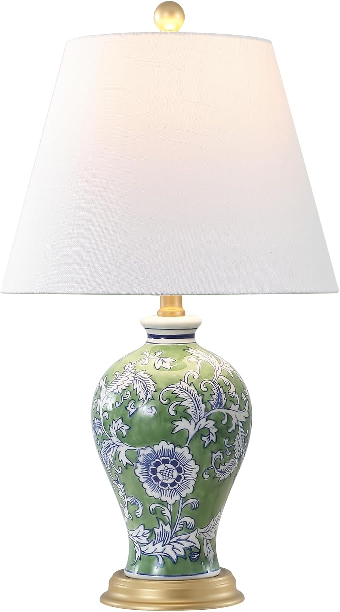 JONATHAN Y Grace 24" French Country Floral Urn Ceramic Lamp, Green/White | Chinoiserie Ginger Jar, French Country Cottage Style, Linen Shade, Gold Metal Base, LED Bulb Included