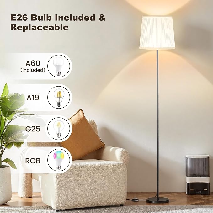 Dimmable Floor Lamp with Pleated Shade for Living Room | Dimmable LED Standing Lamp with Foot Switch, Modern Floor Reading Light for Bedroom Office Corner