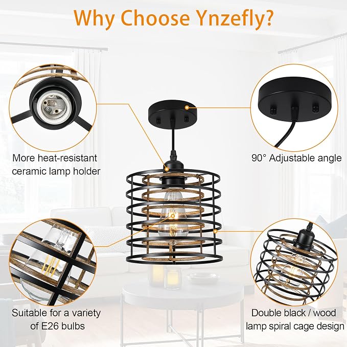 Farmhouse Pendant Lights Kitchen Island, Kitchen Hanging Light Fixtures Wood Grain Cage Metal Lighting for Dining Room Bedroom Bar Office Entryway Hallway, Industrial Black, 1 Pack