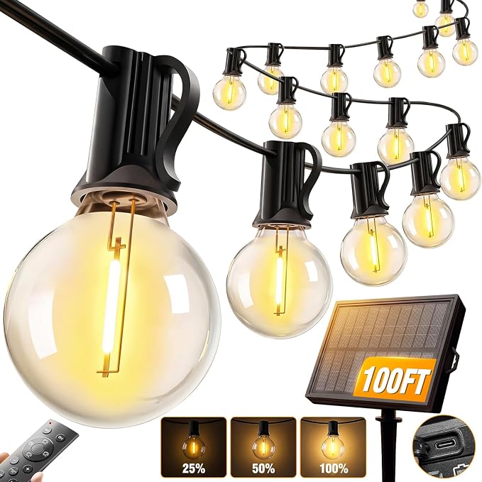Nisocy 100FT Solar String Lights Outdoor, G40 Shatterproof Patio Lights with Upgraded Remote, Solar & USB Charging, Dusk to Dawn, Waterproof Hanging Bistro Lights for Backyard Garden RV Camping