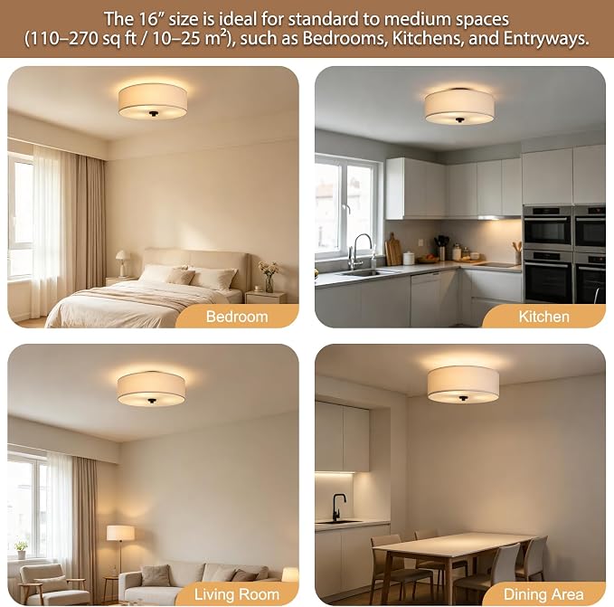 16" Semi Flush Mount Ceiling Light,E26 3-Light,White Drum,Modern | Close to Ceiling Light with White fabric shade,Great for Living Room,Dining Rooms,Bedroom,Kitchen, Bulbs NOT Included