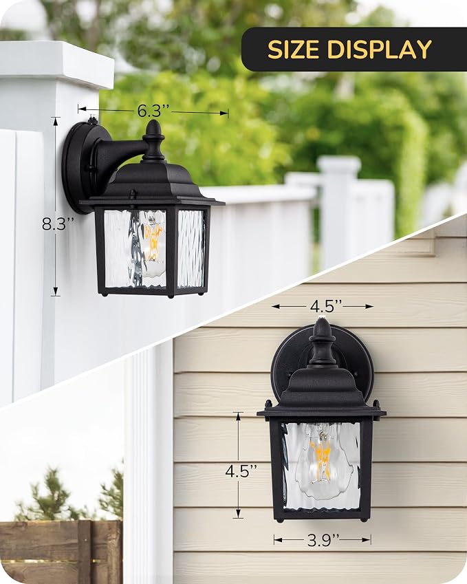 EDISHINE 2 Pack Outdoor Wall Lights, Modern Dusk to Dawn Black Porch Light | Clear Water Ripple Glass, Anti-Rust Aluminum, Standard E26 Socket, Waterproof Exterior Lighting Fixtures for Front Door
