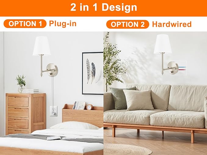 Wall Sconces Set of Two with Remote Control, Dimmable, Adjustable Colors 2700-6500K, Plug in Wall Sconces with White Fabric Shades, Plug in Wall Light, Brushed Nickel
