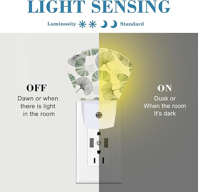 Elegant Ginkgo Leaves Night Light Plug into Wall, Green Ginkgo Night Light with Dusk to Dawn Sensor for Kid Girls Boys Women Men Bedroom, Hallway, Kitchen, Bathroom, Stairs Decor