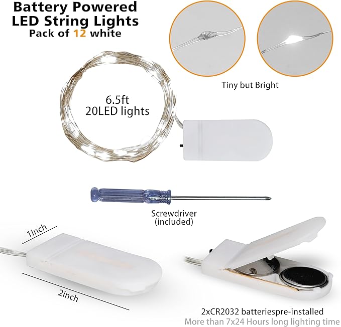 12 Pack Fairy Lights Battery Operated String Lights - 7ft 20 LED Waterproof Silver Wire Firefly Lights for DIY Wedding Décor Table Centerpieces Craft Mason Jars Party Decor(White)