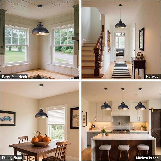15 1/2in Large Dome Barn Pendant Light for Farmhouse, Black Ceiling Mounted Lighting with Brass Interior for Kitchen, Indoor and Outdoor Hanging Light Fixture with Ajustable Cord