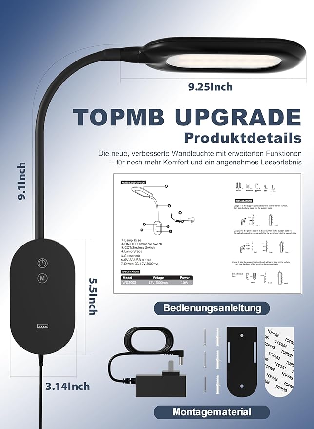 Wall Mounted Reading Bed Light, Wall Bed Lamp with CRI 95+ for Eye Care, 4 Color 5 Dimmable, 2A USB Output, 4-Hour Auto Off, Book Lights Flexible Gooseneck Reading Lamp Headboard Black