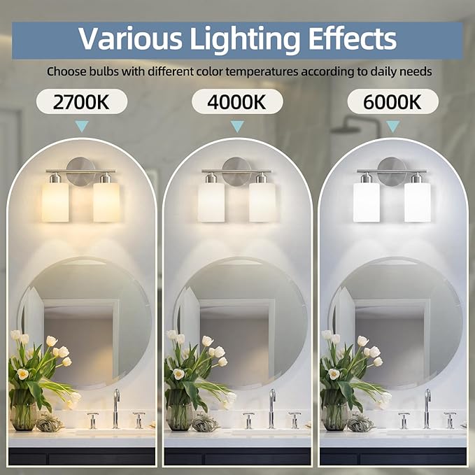 Brushed Nickel Bathroom Light Fixtures, 2-Light Modern Vanity Light Over Mirror, Wall Sconces with Milky White Frosted Glass Shades for Hallway, E26