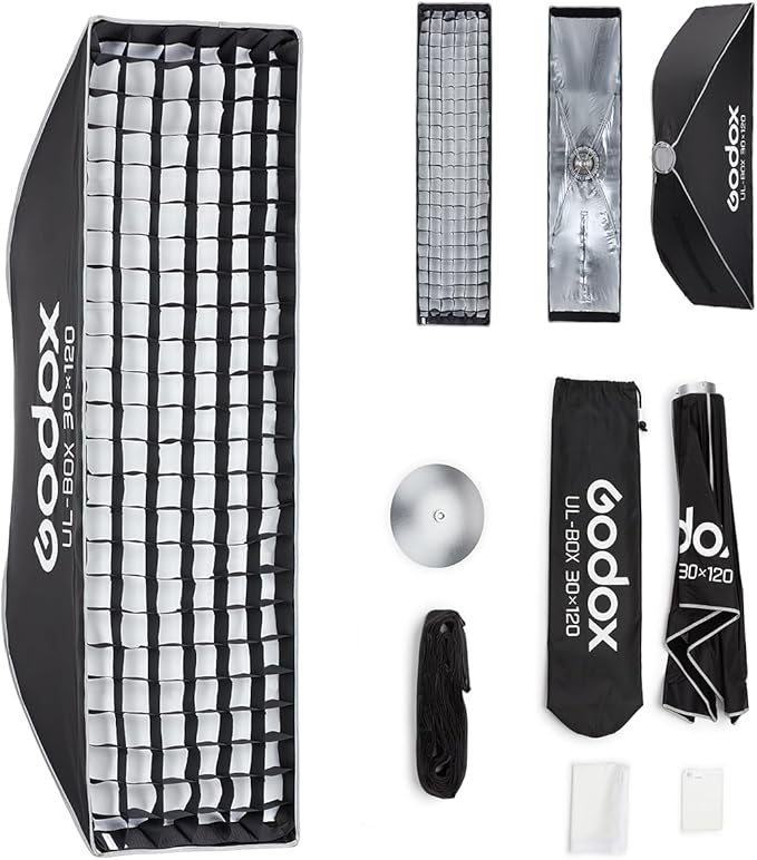 Godox Softbox UL-30x120 11.8"x47.2" Strip Softbox, Quick-Release Umbrella Design Bowens Mount with Grid & Deflector, for Rim Lighting & Product Photography