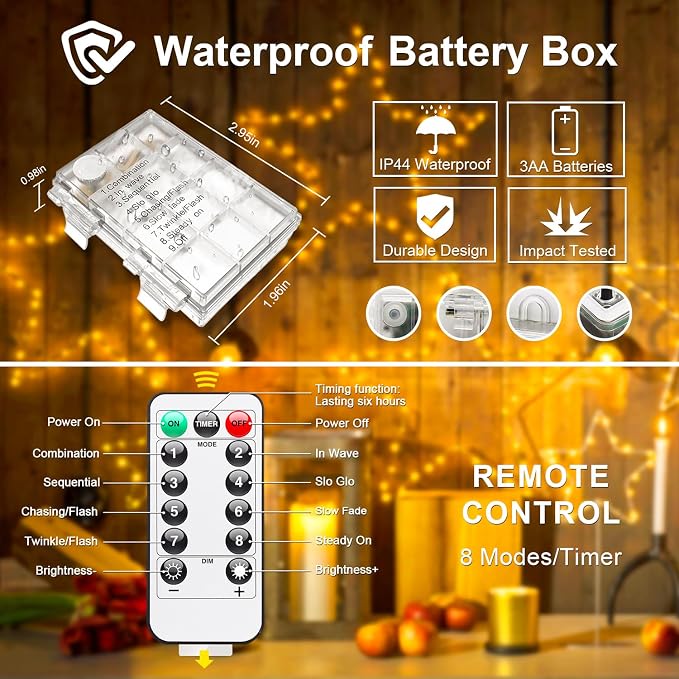 JMEXSUSS 2Pack Fairy Lights Battery Operated, Total 200LED 66ft, Warm White | With Remote, Timer, 8 Modes, Battery Powered Christmas Lights, Twinkle String Lights for Bedroom Tree Indoor Outdoor Decor