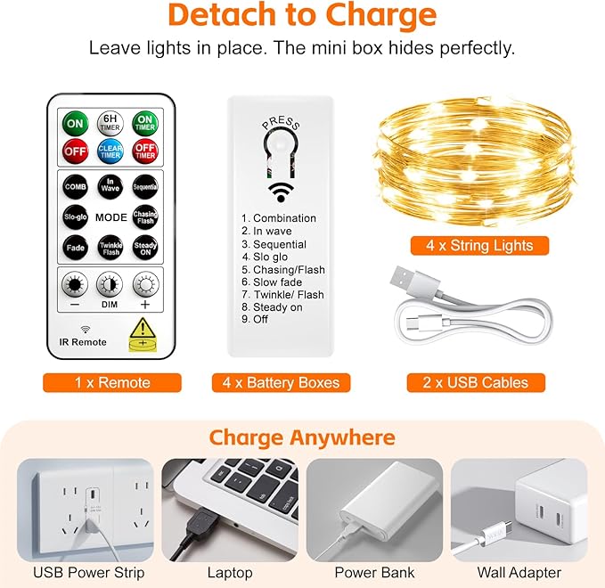 4 Pack Rechargeable Fairy Lights with Remote & DIY Timer, 7ft 20LED Dimmable Silver Wire String Light for Mason Jar, Mini Twinkle Lights for Indoor Christmas Bedroom Wedding Decor, Warm White