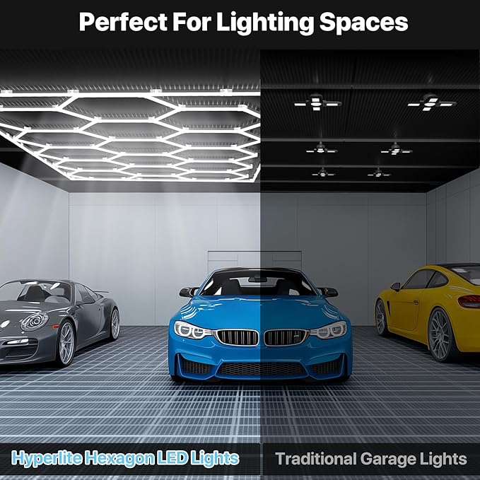 HYPERLITE Gen 2 Hexagon Garage Lights: 624W 62400LM 15 Grids Hexagon Led Lights, 6500K Ultra Bright Honeycomb Hex Lights, Easy Install, Durable Design for Garage, Car Detailing, Workshops, Gym