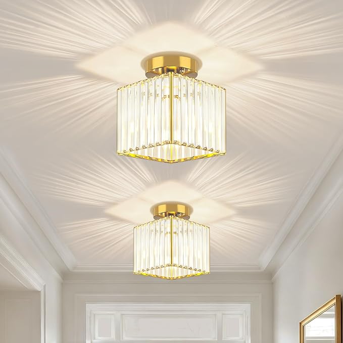 Modern Brushed Gold Hallway Entryway Light Fixtures Crystal Ceiling Lamp | 2-Pack, 7.24 Inch, E26 Dimmable, Bathroom Bedroom Semi Flush Mount Ceiling Light, Kitchen Dining Room Foyer Light Fixtures