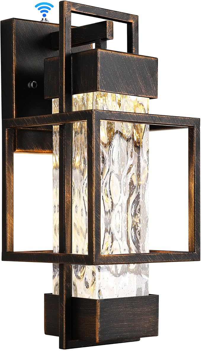 Modern Outdoor Light Fixture Dusk to Dawn Outdoor Lighting, 15" H Exterior Wall Sconce Waterproof Porch Light, Outside Light for House with Water Glass for Garage Doorway Black Brushed Gold