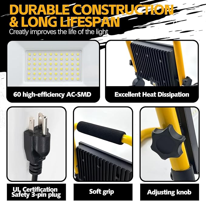 LED Work Lights with Stand, Adjustable Work Light, (1 Adjustable Head) | Waterproof Foldable Tripod, 6,500 Kelvin, Extended Cord for Outdoor & Indoor Job Sites, Workshops