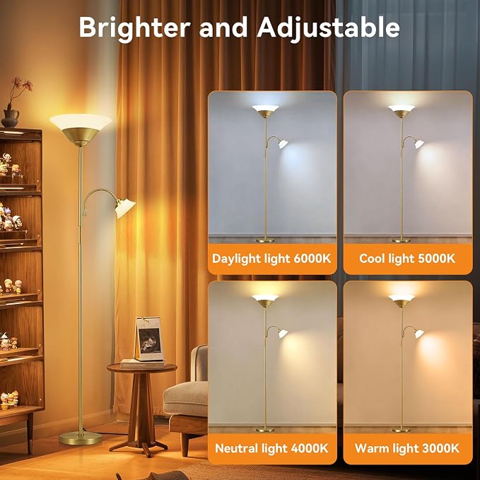 2-in-1 Torchiere Floor Lamp, 34W Super Bright LED Standing Lamp with Remote & Touch Control, 72" Dimmable Adjustable Corner Reading Lamp for Living Room, Bedroom, Office, Gold
