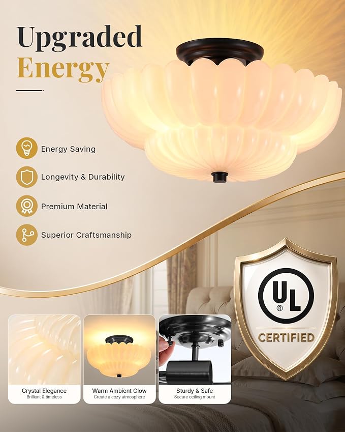 Semi Flush Mount Ceiling Light Fixture 14" Vinatge Black Ceiling Lights Mid Century Modern Milk White Glass Close to Ceiling Lighting Fixtures for Bedroom Hallway Kitchen Laundry Room Bathroom