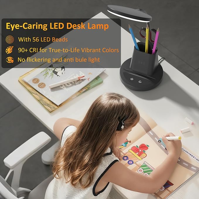 LED Desk Lamp with Wireless Charger for Home Office, Black | 3 Color Modes Dimmable Eye-Caring Study Desk Light for College Dorm Room, 360° Flexible Arm, Built-in Pen Holder, 800 Lumen