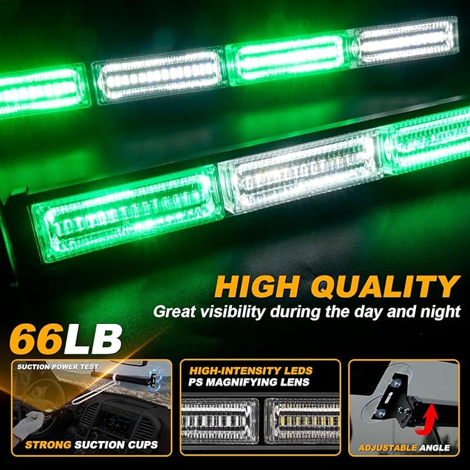 2 in 1 Traffic Advisor Light Bar Emergency Warning Flashing Safety Interior Windshield Strobe Lights for Construction Vehicles Snow plow Trucks, 2x17.7 Green/White