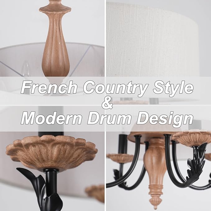 17.3" French Country Modern Drum Chandelier Light Fixture Mid Century Framhouse Chandelier with Linen Shade Vintage Distressed Wood Chandelier for Dining Room,Living Room,Kitchen,E12