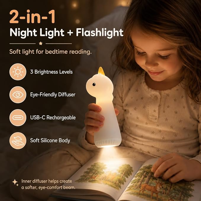 ShaArkMango Flashlight with Night Light for Kids Rechargeable LED Dimmable Night Light Toddler Bed Room Playing in Dark Handheld Emergency Flashlight for Camping Essential Hallway Walking Nighttime