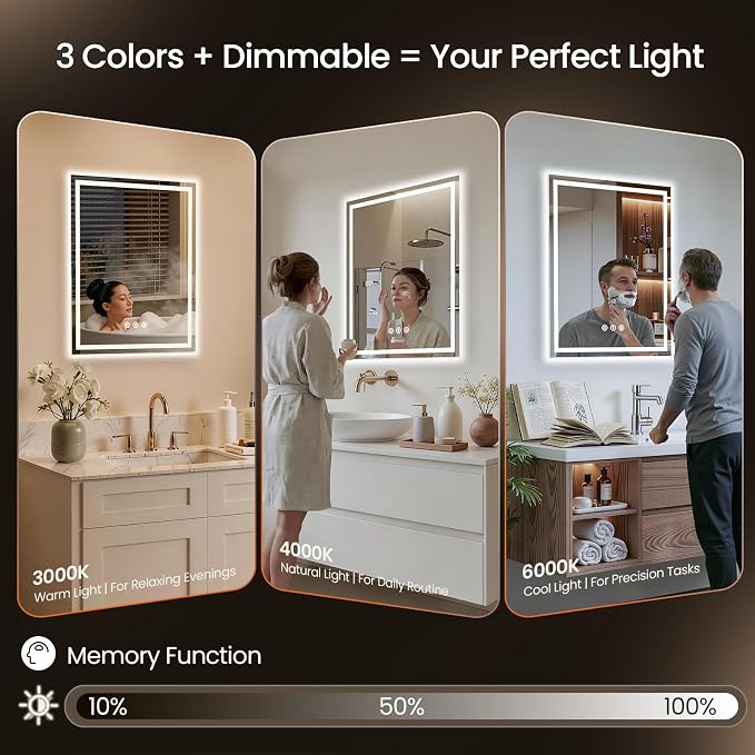 32x36 LED Bathroom Mirror with Anti-Fog, Backlit & Front Lit, Memory | Stepless Dimmable 3 Color CRI 95+ Shatterproof Tempered Glass ETL Listed for Safety Lighted Bathroom Vanity Mirror for Wall