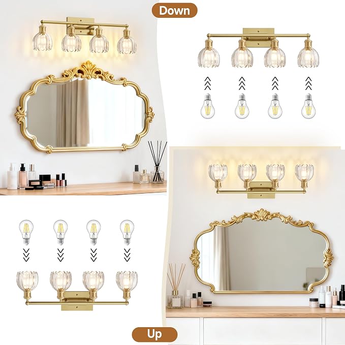 4 Light 27.2 in Bathroom Vanity Light,Rustic Brass Bathroom Lighting Fixtures Over Mirror, Vintage Vanity Mirror Lights Clear Tulip Glass Wall Sconce for Living Room,Bedroom,Hallway,E26 Base