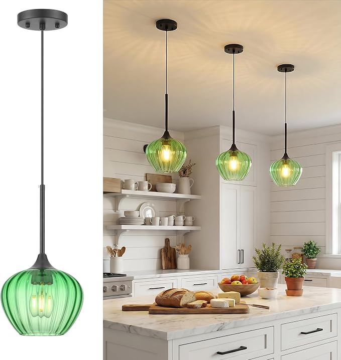 Green Pendant Lights Kitchen Island, 7.7" Vintage Glass Pendant Lighting Samll Adjustable Hanging Light Fixtures for Kitchen, Dining Room, Sink, Bathroom