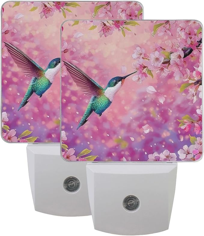 Hummingbird Pink Cherry Night Light Dusk to Dawn Sensor LED Night Dimmable Nightlight Lights Plug into Wall for Living Room