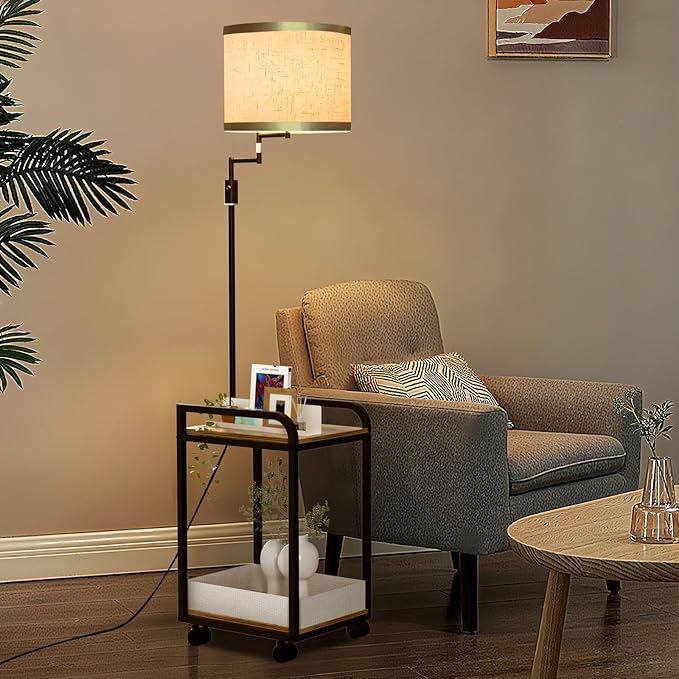 Lightdot 63IN Floor Lamps withTable&Basket, Modern Standing Tall Lamps with Adjustable Fabric Shade and Movable Casters, End Table Lamp for Living Room/Sofa Beside/Corner Decor-Black(Bulb Included)