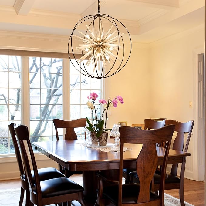 31.5" Black Gold Large Globe Sputnik Chandelier, 16-Light Mid Century Modern Industrial Starburst Golden Satellite Light Fixture for High Ceiling Living Room Dining Room Foyer Stairway,E12