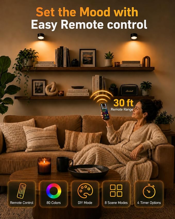 Rechargeable RGB Wall Sconces with Remote, Dimmable 360° Lights | 80 RGB Colors, 3 Color Temperatures, Remote and Touch Control, Ideal for Gaming Rooms and Bedrooms