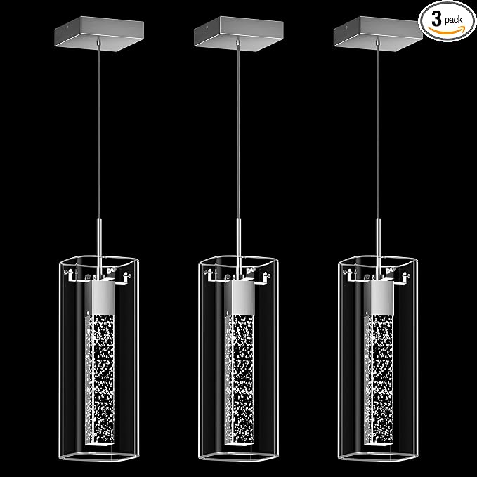 Pendant Lights Kitchen Island, 3 Pack 6500K LED Kitchen Lighting Crystal Island Light with Bubble Glass, Nickel Kitchen Hanging Light Fixture Modern Pendant Ceiling Light Fixture