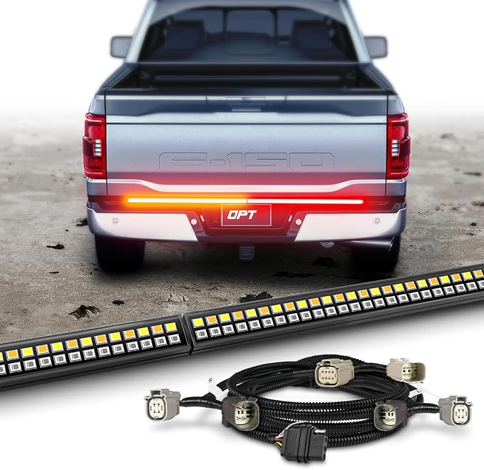 OPT7 Plug'n'Play Bundle for 2021-2023 F150 w/OE Halogen Taillights and Blind Spot Monitor – 60" Redline Double Row Two-Piece LED Tailgate Light Bar w/Amber Turn + Easy Connect Harness